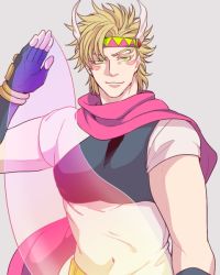 Rule 34 | 1boy, blonde hair, bubble, caesar anthonio zeppeli, facial mark, feather hair ornament, feathers, fingerless gloves, gloves, green eyes, hair ornament, hydrokinesis, jojo no kimyou na bouken, male focus, pink scarf, scarf, smirk, solo, water, youna000