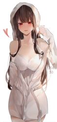 Rule 34 | 1girl, anzup 404, bare shoulders, breasts, brown hair, character name, commentary request, cowboy shot, dsr-50 (girls&#039; frontline), girls&#039; frontline, highres, jacket, jacket partially removed, korean commentary, large breasts, looking at viewer, open mouth, red eyes, simple background, smile, solo, underwear, white background, white jacket