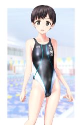Rule 34 | 1girl, absurdres, black eyes, black hair, black one-piece swimsuit, breasts, clothes writing, competition swimsuit, contrapposto, cowboy shot, highres, indoors, lane line, looking at viewer, multicolored clothes, multicolored swimsuit, one-piece swimsuit, original, pool, short hair, small breasts, smile, solo, standing, string of flags, swimsuit, takafumi, translation request