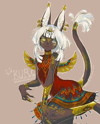 Rule 34 | 1girl, :&lt;, animal ear fluff, animal ears, armlet, blue gemstone, body fur, bracelet, bracer, brown background, brown fur, cat ears, cat girl, cat tail, circlet, claw ring, claws, cleavage cutout, closed mouth, clothing cutout, dress, ear piercing, ear tufts, earrings, egyptian, fake wings, fangs, fur-tipped tail, furry, furry female, gem, grey eyes, highres, hoop earrings, jewelry, looking at viewer, multiple rings, neck ring, original, piercing, red dress, ring, sabuneko2645, short hair with long locks, simple background, sleeveless, slit pupils, solo, standing, standing on one leg, tail, tail ornament, tail ring, twitter username, whiskers, white hair, wings, yellow eyes
