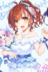 Rule 34 | 1girl, :d, alternate hairstyle, blue background, bouquet, breasts, character doll, chiyoda momo, curled horns, dated, demon girl, demon horns, demon tail, dress, fang, flower, hand up, happy birthday, highres, holding, holding bouquet, horns, jewelry, looking at viewer, machikado mazoku, medium breasts, narumiya (empty cafe), necklace, open mouth, orange eyes, pink flower, pink rose, ponytail, red hair, revision, rose, short hair, skin fang, smile, solo, tail, white dress, yellow flower, yellow rose, yoshida yuuko (machikado mazoku)
