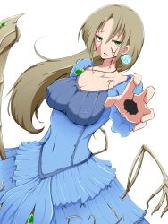 Rule 34 | blue dress, breasts, cleavage, collarbone, commentary request, covered erect nipples, cracked skin, dress, earrings, empty eyes, extra arms, extra legs, flower earrings, gem, green gemstone, highres, hole in hand, jewelry, large breasts, light brown hair, long sleeves, looking at viewer, mon-musu quest!, mon-musu quest: paradox, monster girl, mutant, necklace, outstretched hand, parted lips, partial commentary, raichi (ddq0246), shesta (mon-musu quest!), simple background, white background