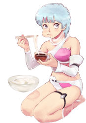 Rule 34 | 1girl, bad id, bad pixiv id, blue eyes, blue hair, breasts, cheek bulge, closed mouth, commentary request, crop top, eating, food, highres, lafolie, looking at viewer, medium breasts, midriff, noodles, panties, scarf, seiza, short hair, simple background, sitting, solo, soumen, thigh strap, underwear, white background, wingman, yume aoi