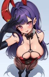 Rule 34 | 1girl, akuma nihmune, akuma nihmune (3rd costume), animal ears, arm up, bare shoulders, black bow, black bowtie, black gloves, black thighhighs, blush, bow, bowtie, breasts, brown pantyhose, cleavage, detached collar, elbow gloves, fake animal ears, from above, gloves, hair ornament, hairclip, highres, indie virtual youtuber, kaptivate, large breasts, leotard, long hair, looking at viewer, official alternate costume, pantyhose, playboy bunny, purple eyes, rabbit ears, smile, solo, standing, thighhighs, thighs, tongue, tongue out, two-tone leotard, virtual youtuber