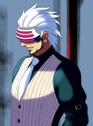 Rule 34 | 1boy, ace attorney, beard, blue background, blue shirt, chiaki7, cowboy shot, earrings, facial hair, godot (ace attorney), jewelry, male focus, mask, necktie, phoenix wright: ace attorney - trials and tribulations, profile, shirt, smile, solo, vest, white hair, white necktie