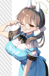 Rule 34 | 1girl, animal ears, apron, ariko youichi, black bow, blue apron, blue archive, bow, breasts, brown hair, eyes visible through eyewear, fake animal ears, glasses, halo, hand up, large breasts, long hair, looking at viewer, moe (blue archive), official alternate costume, one eye closed, parted lips, polo shirt, rabbit ears, round eyewear, shirt, short sleeves, smile, solo, striped, striped bow, twintails, white shirt, yellow eyes