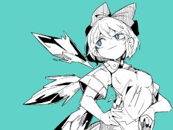 Rule 34 | 1girl, bags under eyes, blue theme, bow, breasts, bright pupils, cirno, closed mouth, ears visible through hair, hair bow, hand on own hip, hatching (texture), ice, ice wings, linear hatching, massakasama, medium breasts, monochrome, sanpaku, see-through, see-through shirt, short hair, short sleeves, sideways glance, simple background, smirk, solo, touhou, uneven eyes, wings