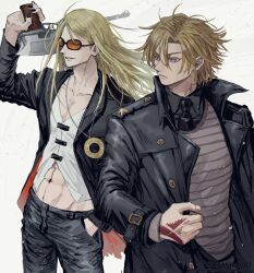 Rule 34 | 2boys, abs, black coat, black nails, blonde hair, coat, command spell, daybit sem void, fate/grand order, fate (series), gun, highres, holding, holding gun, holding weapon, jewelry, long hair, looking to the side, male focus, midriff, mike2010, multiple boys, nail polish, necklace, necktie, purple eyes, sunglasses, tezcatlipoca (fate), tinted eyewear, upper body, weapon