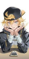 Rule 34 | 1boy, absurdres, baseball cap, blonde hair, blue eyes, cellphone, chain, earphones, hair between eyes, hair ornament, hat, highres, holding, holding earphones, hood, hood down, kagamine len, looking at viewer, male focus, open mouth, phone, qiu xiong ji e, short hair, simple background, sleeves past wrists, smartphone, smile, vocaloid, white background