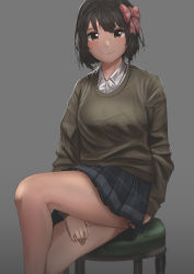 Rule 34 | 1girl, :3, absurdres, between legs, blue skirt, blush, bow, breasts, brown eyes, brown hair, closed mouth, collared shirt, commentary request, faiz azhar, green sweater, hair bow, hand between legs, highres, looking at viewer, medium breasts, original, pink bow, pleated skirt, shirt, short hair, sitting, skirt, smile, solo, stool, sweater, white shirt, wing collar