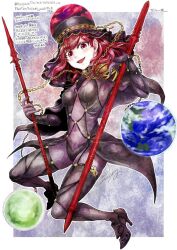 Rule 34 | 1girl, artist name, black headwear, bodysuit, chain, collar, commission, cosplay, earth (ornament), fate/grand order, fate (series), full body, gae bolg (fate), hecatia lapislazuli, high heels, holding, holding polearm, holding weapon, medium hair, moon (ornament), multicolored background, polearm, purple bodysuit, red ball, red eyes, red hair, sakurai haruto, scathach (fate), scathach (fate) (cosplay), skeb commission, solo, touhou, underworld (ornament), weapon