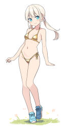 1girl bare_arms bare_legs bare_shoulders bikini blonde_hair blue_eyes blue_shoes blush breasts closed_mouth collarbone gold_bikini groin hatsunatsu highleg highleg_bikini long_hair looking_at_viewer low_twintails navel original shoes side-tie_bikini_bottom simple_background small_breasts smile solo standing standing_on_one_leg swimsuit twintails white_background