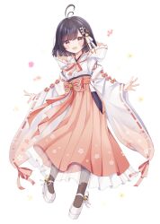 Rule 34 | 1girl, antenna hair, arms at sides, black hair, blush, breasts, character request, commentary request, copyright request, detached sleeves, full body, gomano rio, grey eyes, hair ornament, highres, long sleeves, medium hair, nontraditional miko, ribbon, small breasts, solo, standing, virtual youtuber, white background