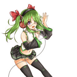 Rule 34 | 1girl, detached sleeves, eyepatch, female focus, green hair, hair over one eye, hatsune miku, headphones, navel, necktie, open mouth, panties, purple eyes, silent sakia, simple background, skirt, solo, striped clothes, striped panties, thighhighs, twintails, underwear, vocaloid, white background