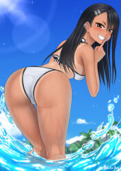 Rule 34 | 1girl, ass, ass focus, bikini, black eyes, black hair, blue sky, brown eyes, cloud, commentary, dark-skinned female, dark skin, day, earclip, english commentary, fang, finger to mouth, from above, highres, ijiranaide nagatoro-san, looking at viewer, looking back, nagatoro hayase, one-piece tan, outdoors, rocky-ace, sky, solo, swimsuit, tan, tanline, water, white bikini