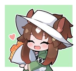Rule 34 | 1girl, :d, ^ ^, animal ears, arknights, blush, bouquet, brown hair, chibi, closed eyes, commentary, ears through headwear, english commentary, facing viewer, flower, green background, green jacket, heart, jacket, kurotofu, long hair, meteor (arknights), meteor (bard&#039;s holiday) (arknights), multicolored hair, hugging object, open mouth, orange flower, orange rose, outline, ponytail, rose, smile, solo, two-tone background, two-tone hair, upper body, white background, white hair, white headwear, white outline, yellow flower, yellow rose