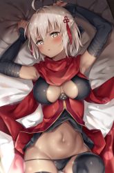 Rule 34 | 1girl, absurdres, ahoge, ale nqki, armpits, bed sheet, black bow, black dress, black gloves, black legwear, black panties, blush, bow, breasts, cleavage, commentary request, covered erect nipples, dark-skinned female, dark skin, dress, elbow gloves, fate/grand order, fate (series), gloves, hair between eyes, hair bow, hair ornament, highres, japanese clothes, kimono, large breasts, looking at viewer, lying, navel, okita souji (fate), okita souji alter (fate), okita souji alter (first ascension) (fate), on back, panties, parted lips, red dress, red scarf, scarf, short dress, short hair, short kimono, silver hair, sweatdrop, tassel, two-tone dress, underwear, wet, yellow eyes