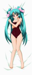 Rule 34 | 1990s (style), 1girl, absurdres, blush, cameltoe, canal vorfeed, competition school swimsuit, dakimakura (medium), full body, green hair, highres, lost universe, lying, one-piece swimsuit, purple eyes, red one-piece swimsuit, ribbon, school swimsuit, solo, sugimura tomokazu, swimsuit, undressing