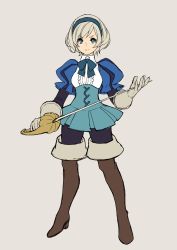 Rule 34 | 1girl, black pantyhose, blue bow, blue bowtie, blue eyes, blue skirt, boots, bow, bowtie, brown footwear, closed mouth, collared shirt, full body, gloves, grey background, grey hair, hairband, high-waist skirt, high heel boots, high heels, highres, holding, holding sword, holding weapon, kotatsu (g-rough), looking at viewer, original, pantyhose, puffy short sleeves, puffy sleeves, rapier, shirt, short hair, short sleeves, simple background, skirt, smile, solo, standing, sword, thigh boots, thighhighs, weapon, white gloves, white shirt, wing collar