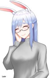 Rule 34 | 1girl, ^ ^, absurdres, animal ear fluff, animal ears, braid, breasts, closed eyes, glasses, grey sweater, hand on own face, highres, hololive, lazier, mature female, medium breasts, medium hair, pekomama, rabbit ears, rabbit girl, short eyebrows, smile, solo, sweater, virtual youtuber, white background
