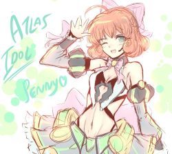 Rule 34 | 1girl, ahoge, breasts, cat with a brush, cleavage, commentary, english text, green eyes, idol, idol clothes, navel, one eye closed, orange hair, penny polendina, rwby, solo