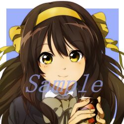 Rule 34 | 1girl, blue background, blush, border, bow, brown hair, can, close-up, closed mouth, commentary, floating hair, hair between eyes, hair bow, hair ribbon, hairband, hands up, happy, highres, holding, holding can, long hair, looking at viewer, mogege gk, ribbon, sample watermark, school uniform, sidelocks, simple background, smile, solo, suzumiya haruhi, suzumiya haruhi no yuuutsu, very long hair, watermark, white border, yellow bow, yellow eyes, yellow hairband, yellow ribbon