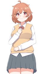 Rule 34 | 1girl, aharen-san wa hakarenai, ahoge, blouse, blush, breasts, closed mouth, collared shirt, hair between eyes, hand up, highres, long sleeves, looking at viewer, looking down, ooshiro mitsuki, orange hair, pleated skirt, red eyes, shirt, short hair, simple background, skirt, solo, sweater vest, vest, white background, white shirt, yellow vest, yukia2