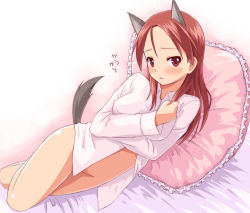 Rule 34 | 1girl, animal ears, bad id, bad pixiv id, bare legs, blush, boko (maniacpurple), bottomless, breasts, dress shirt, frilled pillow, frills, groin, huge breasts, komakedara, long hair, lying, minna-dietlinde wilcke, naked shirt, on bed, on side, pillow, red eyes, red hair, shirt, solo, strike witches, tail, thighs, wolf ears, wolf tail, world witches series