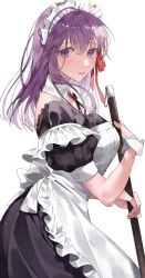 Rule 34 | 1girl, alternate costume, apron, black dress, brooch, broom, commentary request, detached collar, dress, enmaided, fate/stay night, fate (series), hair between eyes, highres, holding, holding broom, jewelry, lips, long hair, looking at viewer, maid, maid apron, maid day, maid headdress, matou sakura, parted lips, pink lips, puffy short sleeves, puffy sleeves, purple eyes, purple hair, shimatori (sanyyyy), short sleeves, simple background, solo, white apron, white background, wrist cuffs