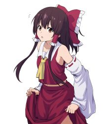 Rule 34 | 1girl, bow, brown eyes, brown hair, clothes lift, commentary request, cowboy shot, detached sleeves, frilled bow, frills, hair bow, hair tubes, hakurei reimu, highres, leon (mikiri hassha), lifted by self, long hair, long sleeves, midriff, navel, notice lines, open mouth, red bow, red skirt, simple background, skirt, skirt lift, solo, touhou, upper body, white background, wide sleeves, yellow neckwear