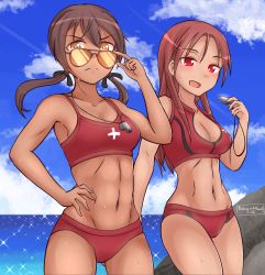 Rule 34 | 2girls, abs, adjusting eyewear, adjusting glasses, aviator sunglasses, beach, bookmarkahead, breasts, brown-tinted eyewear, brown hair, cleavage, cloud, commentary, english commentary, frown, gertrud barkhorn, hand on own hip, highres, lifeguard, looking over eyewear, looking over glasses, low twintails, medium breasts, minna-dietlinde wilcke, multiple girls, orange-tinted eyewear, orange-tinted glasses, red eyes, signature, strike witches, sunglasses, sweat, tinted eyewear, toned, twintails, whistle, whistle around neck, world witches series, yellow eyes