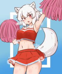 Rule 34 | 1girl, animal ears, arm up, blue background, blush, breasts, bright pupils, cheerleader, commentary request, commission, gradient background, inubashiri momiji, large breasts, looking at viewer, mizusoba, open mouth, pom pom (cheerleading), red eyes, red skirt, short hair, skeb commission, skirt, solo, sweat, tail, touhou, white hair, white pupils, wolf ears, wolf girl, wolf tail