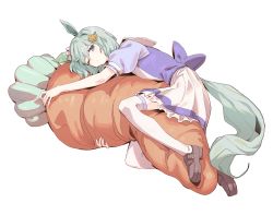 1girl animal_ears brown_footwear carrot-shaped_pillow closed_mouth green_eyes green_hair highres horse_ears horse_girl horse_tail loafers long_sleeves looking_at_viewer mia_(39565899) hugging_object one_eye_closed pillow pillow_hug puffy_long_sleeves puffy_sleeves purple_shirt school_uniform seiun_sky_(umamusume) shirt shoes simple_background solo tail thighhighs tracen_school_uniform umamusume white_background white_shirt white_thighhighs