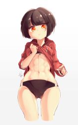 Rule 34 | 1girl, abs, breasts, brown hair, buruma, commentary request, cropped legs, highres, jacket, jersey, lifted by self, long sleeves, looking at viewer, master nabesama, medium breasts, navel, original, red eyes, short hair, signature, simple background, solo, sports bra, stomach, track jacket, track suit, underboob, white background