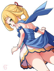 Rule 34 | 1girl, :d, armlet, blonde hair, blue dress, blush, commentary request, cosplay, creatures (company), dress, eyelashes, from below, game freak, green eyes, hair ribbon, half-closed eyes, highres, kinocopro, lillie (pokemon), long hair, looking down, nintendo, open mouth, pokemon, pokemon masters ex, pokemon sm, red ribbon, ribbon, serena (champion) (pokemon), serena (champion) (pokemon) (cosplay), serena (pokemon), serena (pokemon) (cosplay), simple background, smile, solo, white background, wrist cuffs