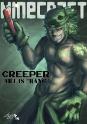 Rule 34 | 1boy, creeper, dynamite, explosive, gloves, green hair, kap-cat, male focus, minecraft, personification, red eyes, short hair, smile, solo
