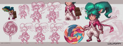 Rule 34 | 1girl, alternate costume, alternate hair length, alternate hairstyle, animal ears, artist name, blue hair, buckler, candy, character name, chocolate, chocolate bar, concept art, fang, fingerless gloves, food, gloves, highres, kienan lafferty, league of legends, lollipop, lollipoppy, multiple views, overalls, poppy (league of legends), red eyes, scarf, shield, sketch, slit pupils, striped, twintails