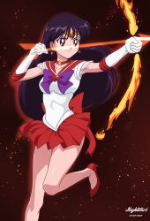 Rule 34 | 1girl, absurdres, armpits, arrow (projectile), back bow, bare legs, bishoujo senshi sailor moon, black eyes, black hair, bow, bow (weapon), breasts, choker, collarbone, earrings, elbow gloves, embers, female focus, fire, flaming weapon, gloves, heart, high heels, highres, hino rei, holding, holding arrow, holding bow (weapon), holding weapon, jewelry, legs, long hair, looking to the side, magical girl, medium breasts, miniskirt, neck, necklace, nightstark, pleated skirt, purple bow, red bow, red choker, red footwear, red sailor collar, red skirt, sailor collar, sailor mars, sailor senshi, sailor senshi uniform, see-through, see-through sleeves, serious, short sleeves, skirt, small breasts, standing, standing on one leg, star (symbol), star choker, star necklace, straight hair, super sailor mars, tiara, toei animation, weapon, white gloves