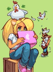 Rule 34 | 1boy, 1girl, animal, animal ears, animal on head, apple inc., bird, bird on head, blonde hair, body fur, brand name imitation, brother and sister, chicken, coco bandicoot, computer, covered mouth, crash bandicoot, crash bandicoot (series), crop top, denim, friendly mutton chops, furry, green background, green eyes, highres, jeans, laptop, long hair, macbook, on head, pants, pink footwear, ponytail, shirt, topless male, shoes, siblings, sitting, sneakers, t-shirt, too many, too many birds, wamudraws