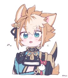 Rule 34 | 1boy, animal ears, armor, blue eyes, brown hair, cropped torso, dog boy, dog ears, dog tail, genshin impact, gorou (genshin impact), hair ornament, homare (g hmr88), japanese armor, japanese clothes, male focus, multicolored hair, open mouth, signature, simple background, solo, tail, tongue, tongue out, upper body, white background, white hair