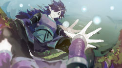 Rule 34 | 1boy, antenna hair, artist name, blue hair, fengxi (the legend of luoxiaohei), film grain, fingernails, hair over one eye, kneeling, long fingernails, long hair, male focus, onitobico, open hand, parted lips, pointy ears, purple eyes, reflection, short eyebrows, solo, luo xiaohei zhanji, water