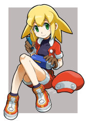 Rule 34 | 1girl, arm cannon, belt, black shirt, blonde hair, blush stickers, brown gloves, cabbie hat, collarbone, cropped jacket, eyebrows, full body, gloves, green eyes, hair between eyes, hat, holding, io naomichi, jacket, knees together feet apart, long hair, mega man (series), mega man legends (series), open clothes, open jacket, orange footwear, red hat, red jacket, red shorts, roll caskett (mega man), screwdriver, shirt, shoes, short sleeves, shorts, sitting, solo, unbuttoned, weapon