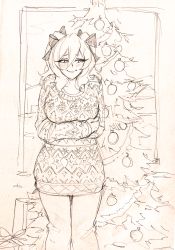Rule 34 | 1girl, abigail (monorus), blush, box, christmas, christmas ornaments, christmas sweater, christmas tree, cowboy shot, gift, gift box, hair ribbon, looking to the side, monochrome, monorus, monster girl encyclopedia, ribbon, short hair, sketch, smile, solo, sweater, traditional media, twintails, wight (monster girl encyclopedia)
