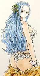 Rule 34 | 1girl, alternate costume, ass, bare shoulders, blue hair, closed mouth, commentary request, eyelashes, flower, grey eyes, hair flower, hair ornament, highres, long hair, looking back, nefertari vivi, one piece, puipui (gamename), simple background, solo, white background