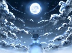 Rule 34 | 1boy, blue theme, character name, cloud, cloudy sky, commentary request, from behind, full moon, hat, highres, male focus, monochrome, moon, night, scp-990, scp foundation, seneo, sky, solo, star (sky), starry sky