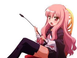 Rule 34 | 1girl, bad id, bad pixiv id, cape, chair, crossed legs, long hair, louise francoise le blanc de la valliere, miyasaka takaji, open mouth, pink eyes, pink hair, riding crop, simple background, sitting, solo, takaji, thighhighs, whip, white background, zero no tsukaima