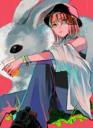 Rule 34 | 1girl, absurdres, blue eyes, bracelet, brown hair, cup, disposable cup, drink, hat, highres, huge filesize, jewelry, looking at viewer, medium hair, nail polish, original, pink background, rabbit, red nails, richard-kun, ring