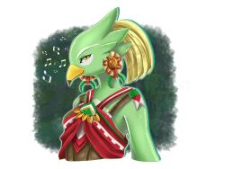 Rule 34 | 1girl, amali (zelda), arm at side, artist name, beak, bird girl, blisserooni, blonde hair, body fur, border, closed mouth, drop shadow, earrings, female focus, from side, furry, furry female, green background, green fur, happy, highres, jewelry, looking at viewer, musical note, nintendo, outline, outside border, profile, red shirt, rito, shirt, short hair, sleeveless, sleeveless shirt, smile, solo, the legend of zelda, the legend of zelda: breath of the wild, twitter username, two-tone fur, upper body, watermark, white border, white fur, white outline, yellow eyes