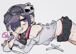 Rule 34 | 1boy, earrings, gas mask, goggles, hair ornament, hair over one eye, hand on own cheek, hand on own face, highres, jewelry, looking to the side, lying, male focus, mask, miniskirt, mouth hold, neko 860, original, panties, pink panties, purple eyes, purple hair, shirt, skirt, skull, skull hair ornament, solo, stitches, trap, unbuttoned, unbuttoned shirt, underwear, vial