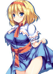 Rule 34 | 1girl, alice margatroid, belt, blonde hair, blue dress, blue eyes, blush, breasts, capelet, closed mouth, commentary request, dress, eyes visible through hair, fingernails, frills, hair between eyes, hairband, hand up, large breasts, long fingernails, looking at viewer, necktie, puffy short sleeves, puffy sleeves, red belt, red hairband, red necktie, ryokushiki (midori-ya), shirt, short hair, short sleeves, smile, solo, thighs, touhou, white capelet, white shirt